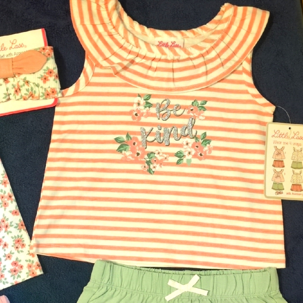Little Lass 4 PC Coral/White Striped Floral Tops & Coral/L. Green Shorts 3T